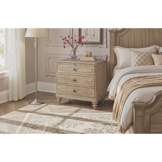 Sunvega Sand Finish Nightstand With 3 Storage Drawers And USB Charging Ports