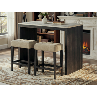 Sunvega Two-Tone Transitional Dining Set with Travertine Table Top and Tufted Seats