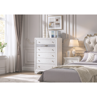 Sunvega White Wood 5 Drawer Chest with Silver Knob Pulls for Storage