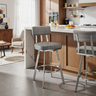 Sunvega Swivel Bar Stool with Gray Faux Leather Upholstery and Brushed Stainless Steel