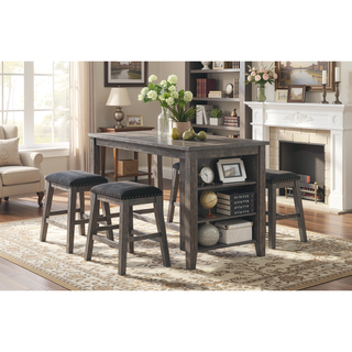 Sunvega Antique White and Rosy Brown Wooden Counter Height Table with Built-in Shelves
