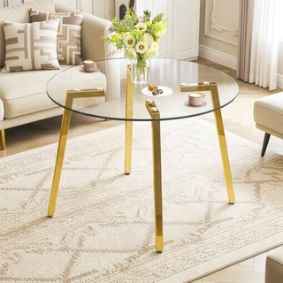 Sunvega Modern Minimalist Circular Transparent Tempered Glass Table with Golden Metal Legs