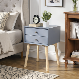 Sunvega Mid-Century Modern Bedside Table with 2 Drawers and Rubber Wood Legs