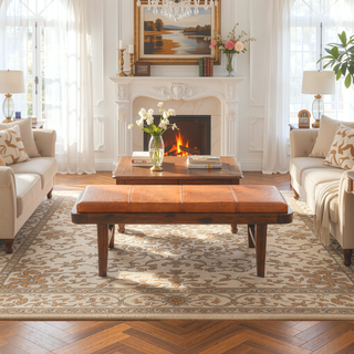 Sunvega Maddox Mid-Century Modern Upholstered Bench with Tan Leather and Teak Wood Legs