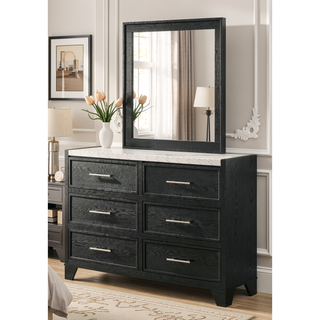 Sunvega Modern Nightstand with Faux Marble Top Two Drawers Black Finish