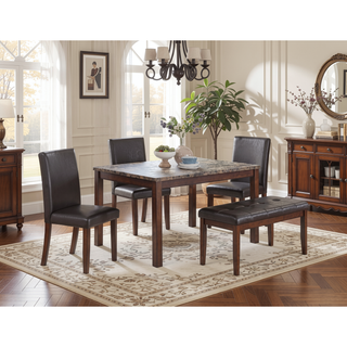 Sunvega Espresso Brown Finish Faux Marble Top Dining Table with 4 Cushioned Chairs