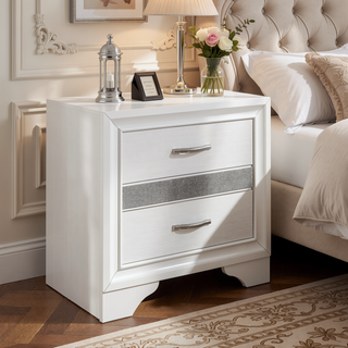 Sunvega White and Silver Glitter Nightstand with Hidden Felt-Lined Jewelry Drawer