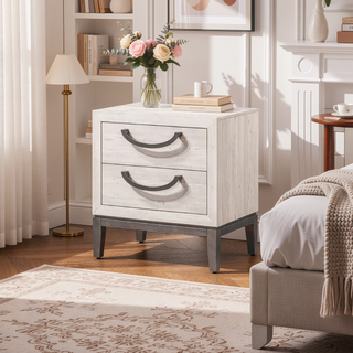 Sunvega Contemporary Sleek Beige White Finish Nightstand with Two Drawer Storage