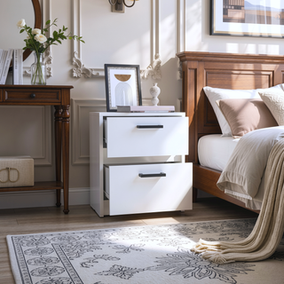Sunvega Black Nightstand with Two Drawers and Metal Handles for Bedroom