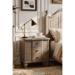 Sunvega Solid Wood Acid Wash Finish Grey 3-Drawer Curved Nightstand with Antique Brass Knobs
