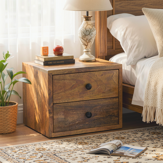 Sunvega Solid Mango Wood Wall Mounted Nightstand with Two Drawers and Oak-ish Finish