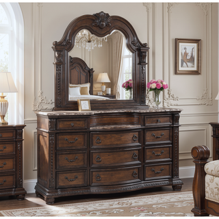 Sunvega Traditional Brown Cherry Finish Marble Top Three Drawer Nightstand