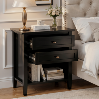 Sunvega Transitional Solid Wood Nightstand with Two Drawers and Lower Shelf
