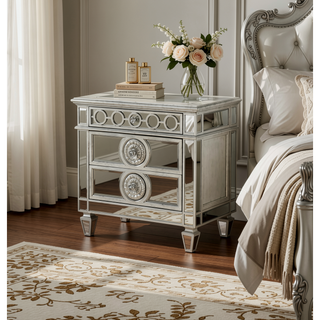 Sunvega Mirrored Nightstand with Geometric Trim and Crystal Knobs for Bedroom