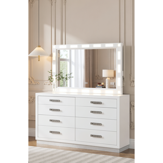 Sunvega Modern 8-Drawer Dresser with Mirror Lid and Jewelry Drawers in Weathered White
