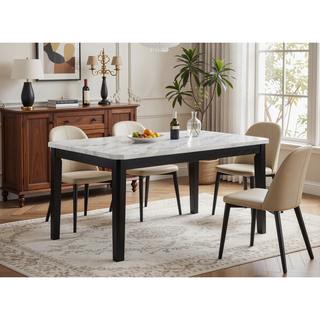 Sunvega Transitional Dining Table with Faux White Marble Top and Black Wood Base