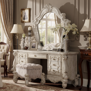 Sunvega Ivory and Bone White Vanity Stool with Nailhead Trim and Button Tufted Backrest