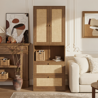 Sunvega Walnut Side Cabinet with Rattan Doors USB Port and 3 Drawers Storage Shelves