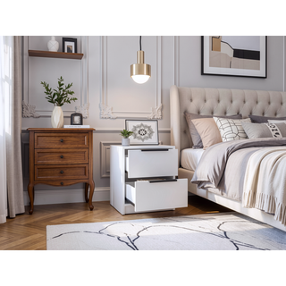 Sunvega Modern White Nightstand with Two Drawers and Sleek Bar Handles