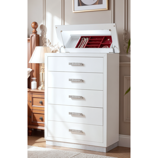 Sunvega Modern 5 Drawer Chest with Mirror Lid Top and Jewelry Tray
