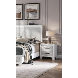 Sunvega White Rubberwood Nightstand with Faux Marble Inset and Black Bar Pulls