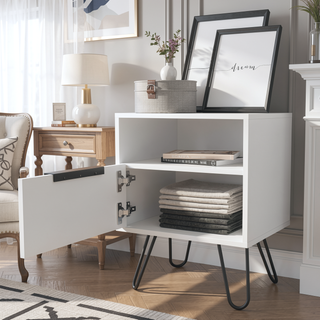 Sunvega White Nightstand with Hairpin Legs and Single Door Cabinet