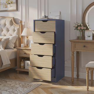 Sunvega Bennett Dresser with One Drawer and Five Shelves in Alby Blue and Natural Oak