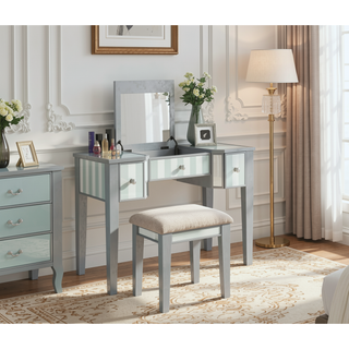 Sunvega Transitional Silver Finish Vanity Set with Stool and Storage Drawers