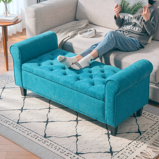 Sunvega Teal Tufted Storage Ottoman Bench with Rolled Arms for Bedroom Living Room