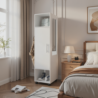 Sunvega White Modern Armoire with Full-Length Mirror and Three Shelves