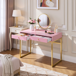 Sunvega White and Gold Vanity Desk with Mirror and Jewelry Storage Tray