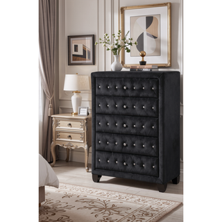Sunvega Sophia Cream Velvet Upholstered Crystal Tufted 5-Drawer Chest for Bedroom