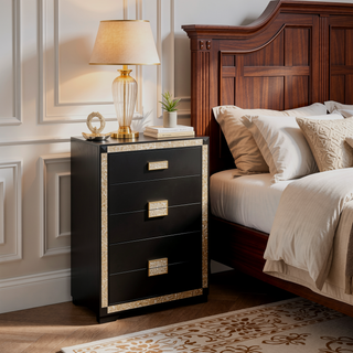 Sunvega Lively Black and Gold Nightstand with Glitter Detail and Spacious Drawers