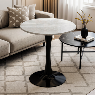 Sunvega Round White Pedestal Side Table with Marble Effect Top for Living Room