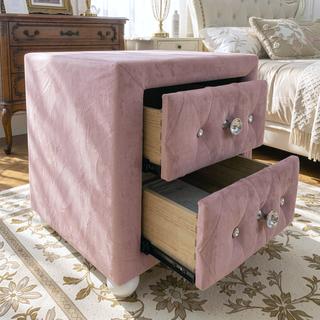 Sunvega Pink Fabric Upholstered Nightstand with Two Storage Drawers and Crystal Knobs