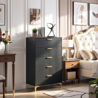 Sunvega Black and Gold 5-Drawer Rectangular Chest with Glamorous Bracket Legs