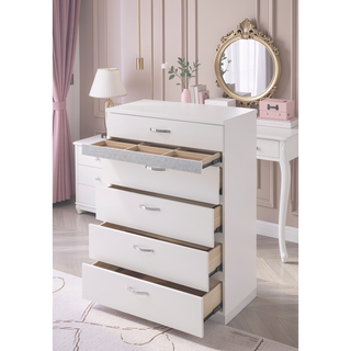 Sunvega White High Gloss Chest with 5 Spacious Drawers and Glittery Accents