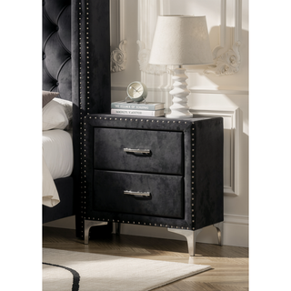 Sunvega Glam Style Black Finish Two Drawers Nailhead Tufted Nightstand with Tempered Glass