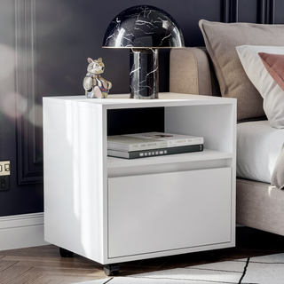 Sunvega White Nightstand with One Open Shelf and Spacious Drawer on Casters