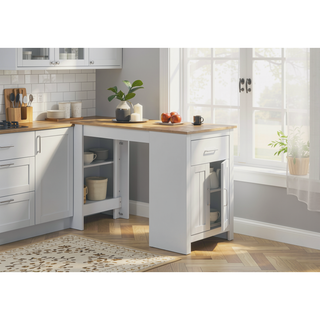 Sunvega 47 Inch Oak and White Small Space Counter Height Dining Table with Cabinet and Drawer Storage