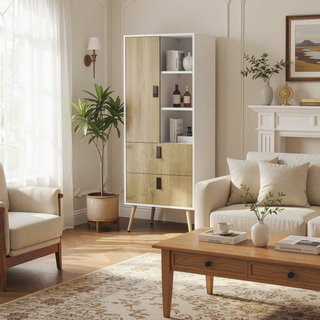 Sunvega Magness White Macadamia Tall Dresser with Two Large Drawers and Open Shelves