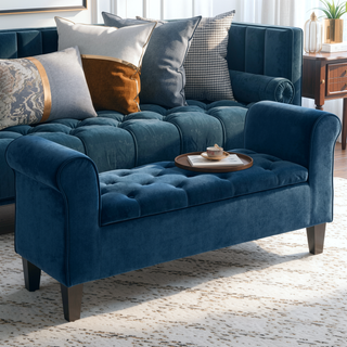 Sunvega Button-Tufted Velvet Ottoman Bench with Rolled Armrests and Storage for Living Room