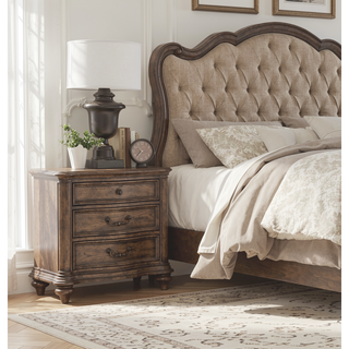 Sunvega Brown Oak Finish 3 Drawer Nightstand Bedside Table with Antique Bronze Hardware