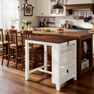 Sunvega Modern White Small Dining Table with Shelves and USB Port