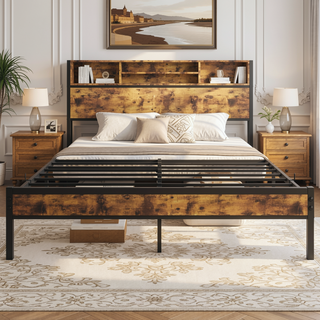 Sunvega Twin Size Bed Frame with Storage Headboard, Charging Station, and Bookcase