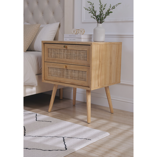 Sunvega Modern Vintage Nightstand with Caned Drawers for Bedroom Storage