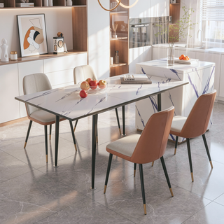 Sunvega Expandable Square Marble Pattern MDF Dining Table with Black Metal Legs