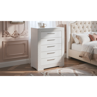 Sunvega White Quilted Texture Modern Five Drawer Chest with Red Lined Interiors