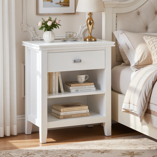 Sunvega White Handcrafted Solid Wood Bedside Table with Drawer and Shelf