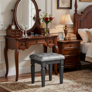 Sunvega Modern Glam Silver Finish Tufted Faux Leather Vanity Stool with Foam Cushion